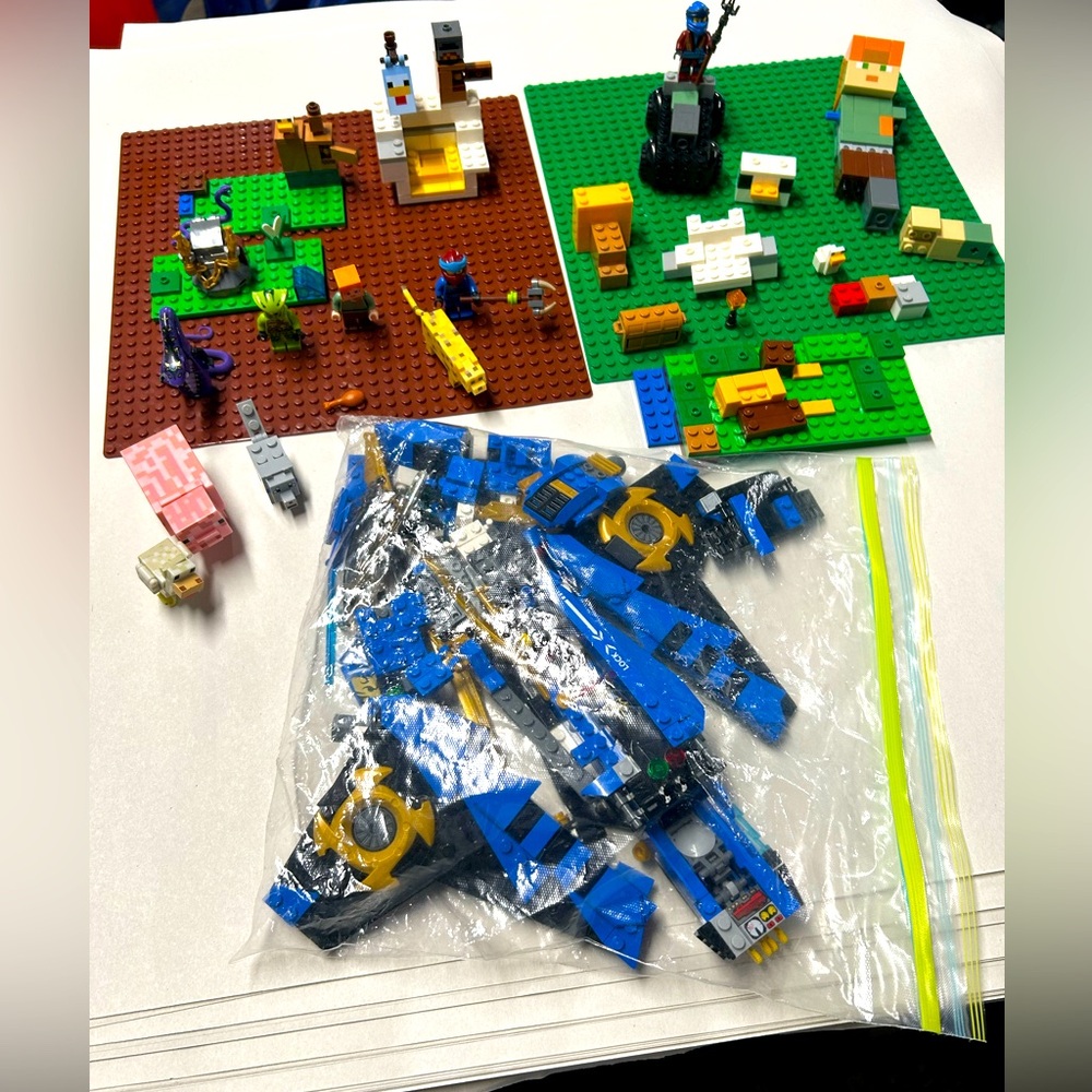 Legos assorted figures, 10” square Lego plates. 4lbs